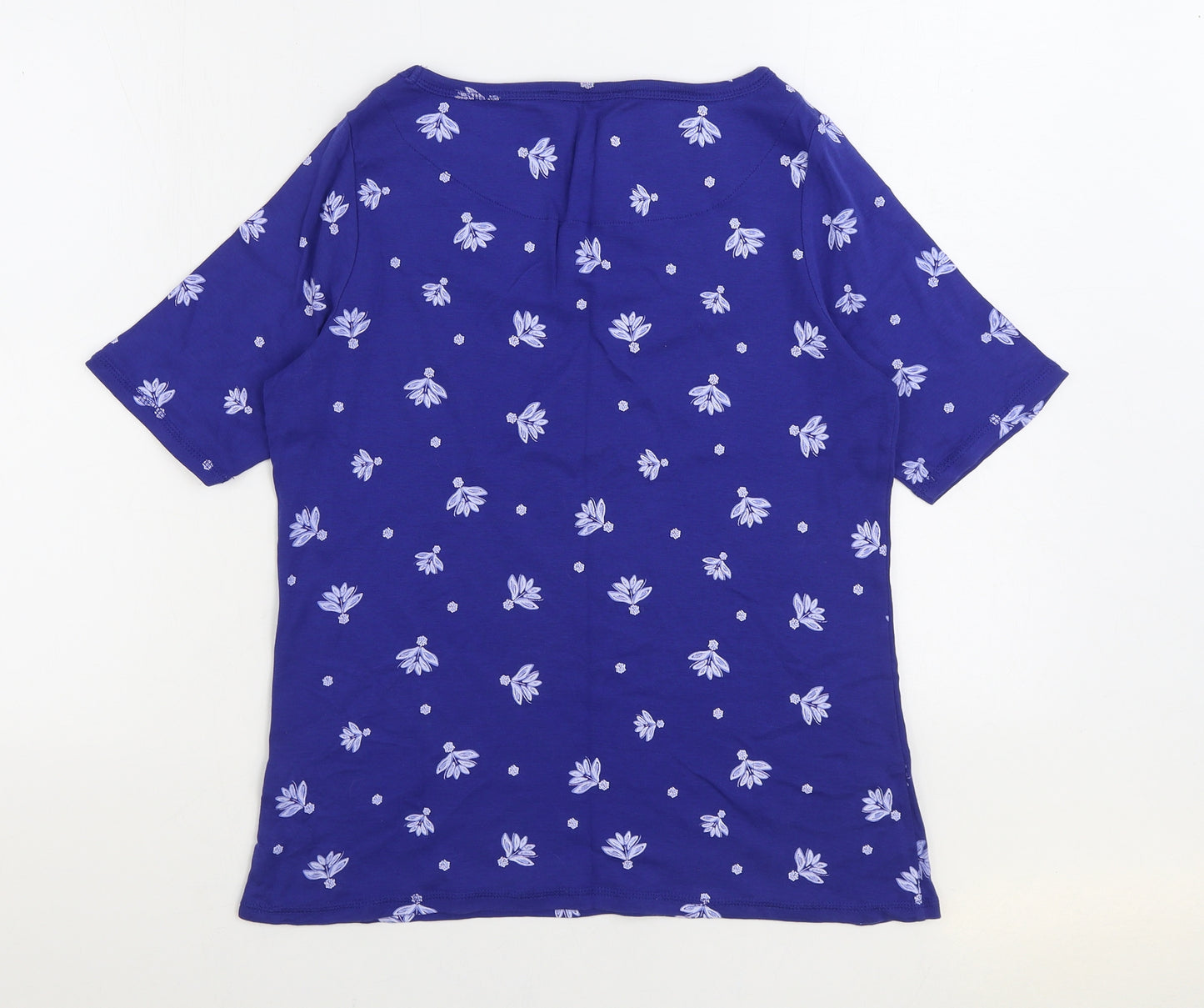 Marks and Spencer Womens Blue Floral 100% Cotton Basic T-Shirt Size 16 Boat Neck