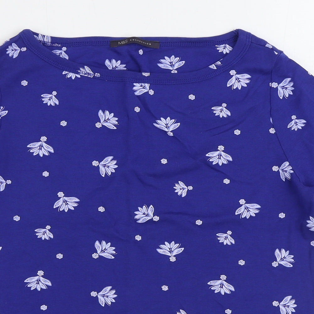 Marks and Spencer Womens Blue Floral 100% Cotton Basic T-Shirt Size 16 Boat Neck