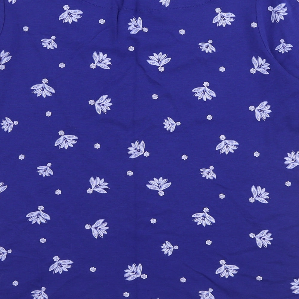 Marks and Spencer Womens Blue Floral 100% Cotton Basic T-Shirt Size 16 Boat Neck