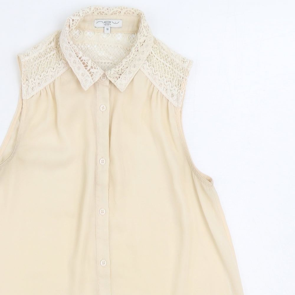 New Look Womens Beige Polyester Basic Button-Up Size 10 Collared - Lace Top