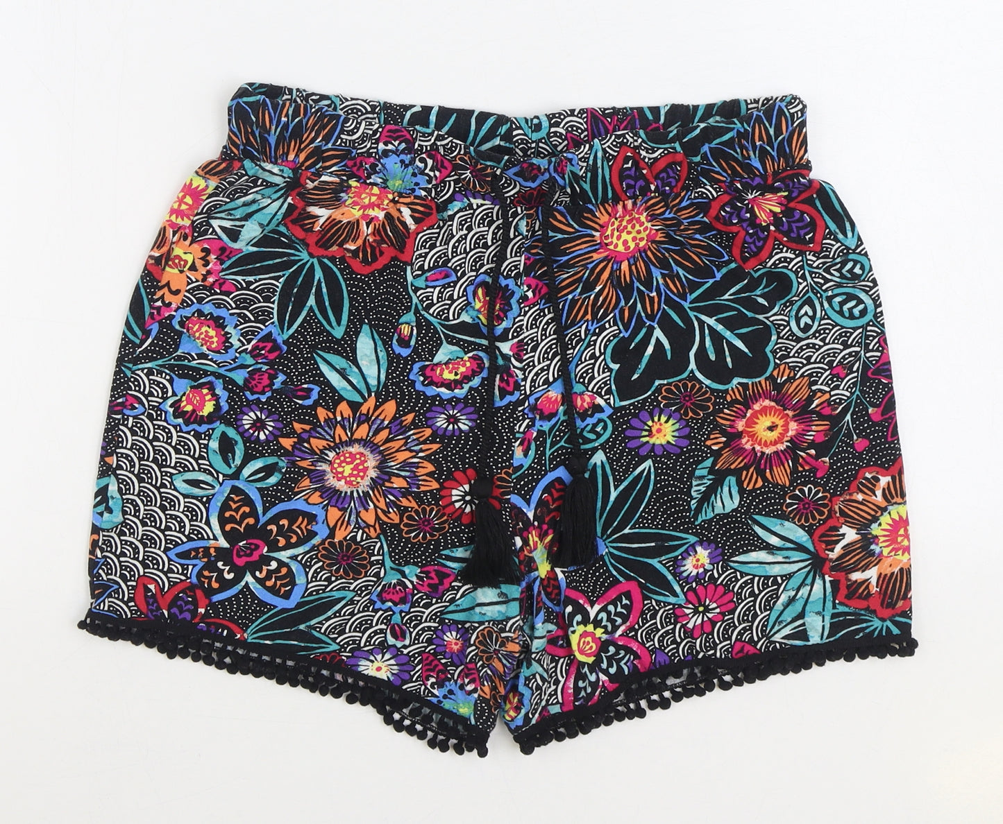 TU Womens Multicoloured Floral Viscose Hot Pants Shorts Size 10 Regular Drawstring