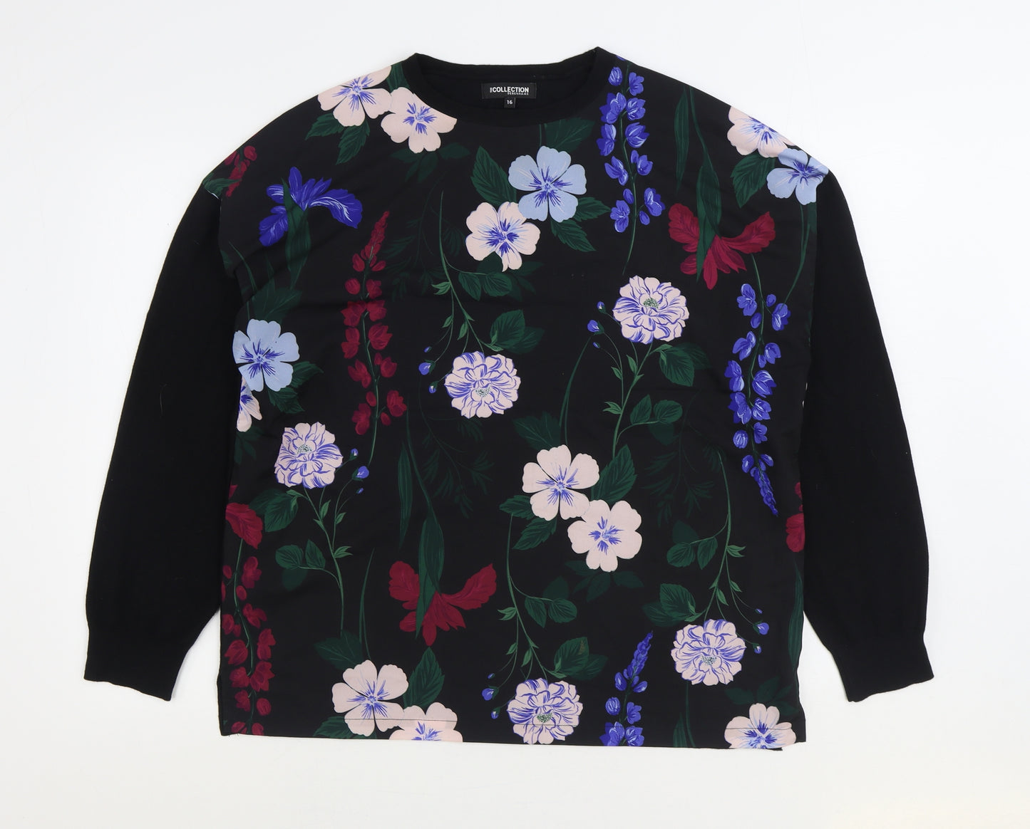 The Collection Womens Black Round Neck Floral Polyester Pullover Jumper Size 16
