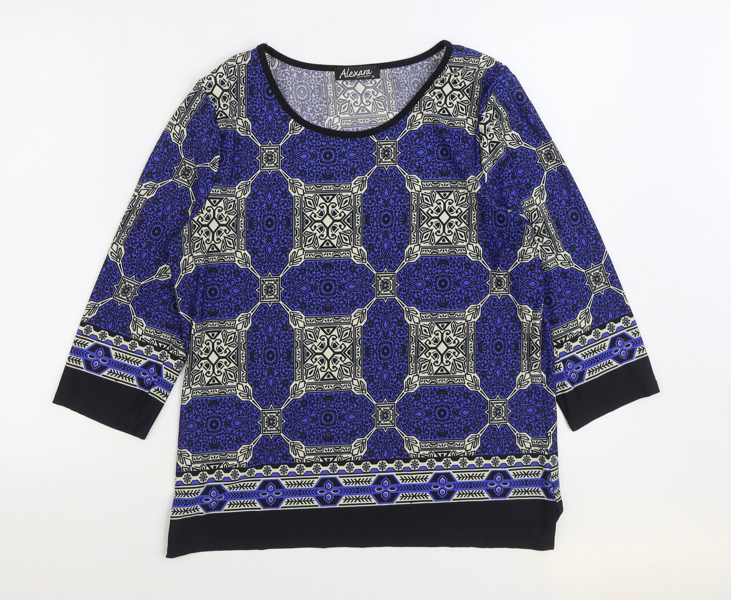Alexara Womens Blue Geometric Polyester Basic Blouse Size 14 Scoop Neck