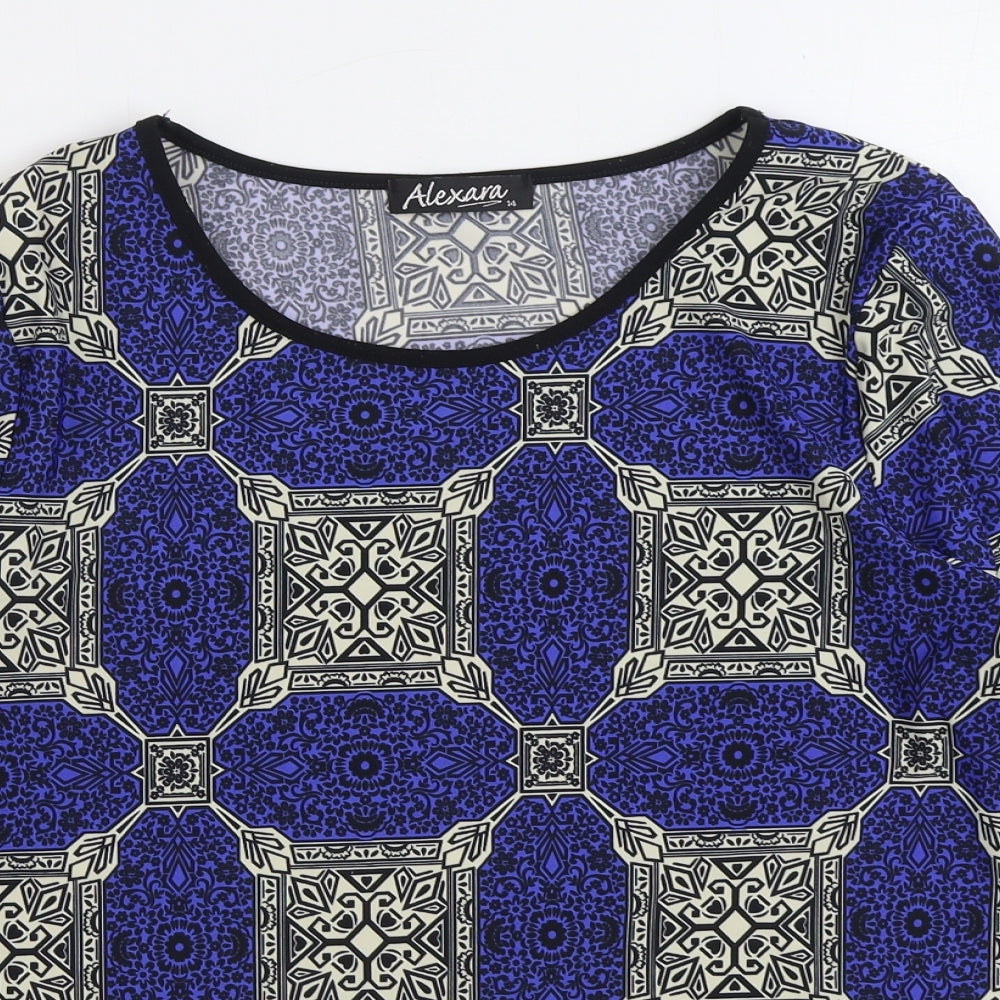 Alexara Womens Blue Geometric Polyester Basic Blouse Size 14 Scoop Neck
