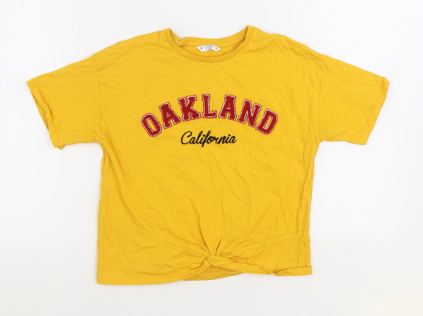 Candy Couture Girls Yellow 100% Cotton Basic T-Shirt Size 14 Years Round Neck Pullover - Oakland Knot Front