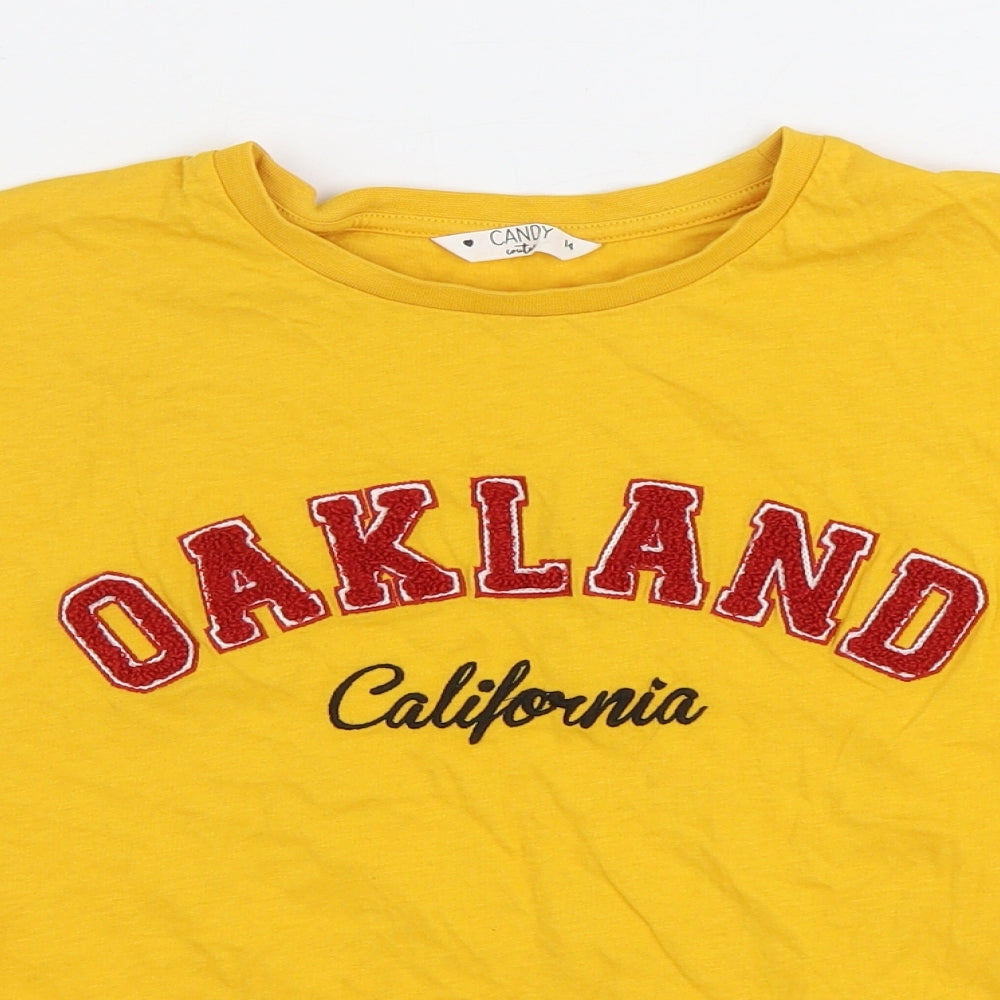 Candy Couture Girls Yellow 100% Cotton Basic T-Shirt Size 14 Years Round Neck Pullover - Oakland Knot Front