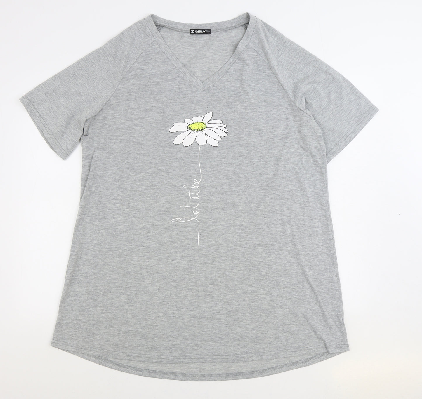 Sheilay Womens Grey 100% Cotton Basic T-Shirt Size 2XL V-Neck - Let It Be Daisy