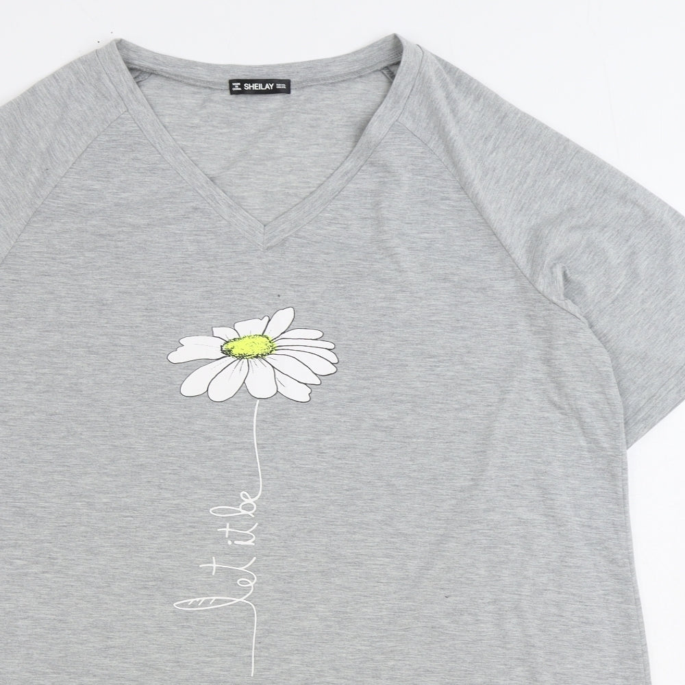 Sheilay Womens Grey 100% Cotton Basic T-Shirt Size 2XL V-Neck - Let It Be Daisy