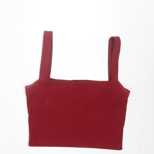 PRETTYLITTLETHING Womens Red Polyester Cropped Tank Size 4 Square Neck - Ribbed Fabric