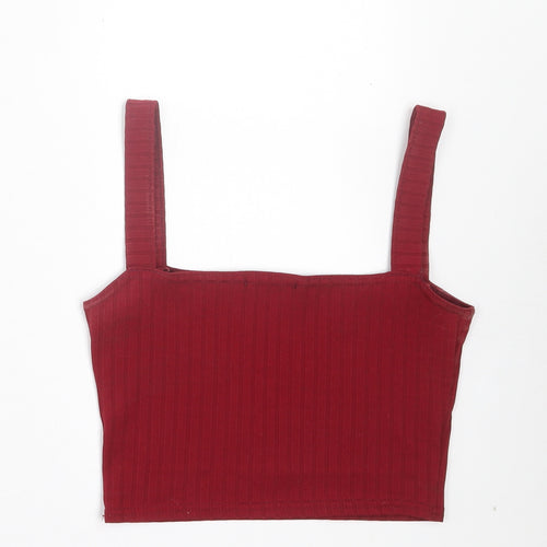 PRETTYLITTLETHING Womens Red Polyester Cropped Tank Size 4 Square Neck - Ribbed Fabric