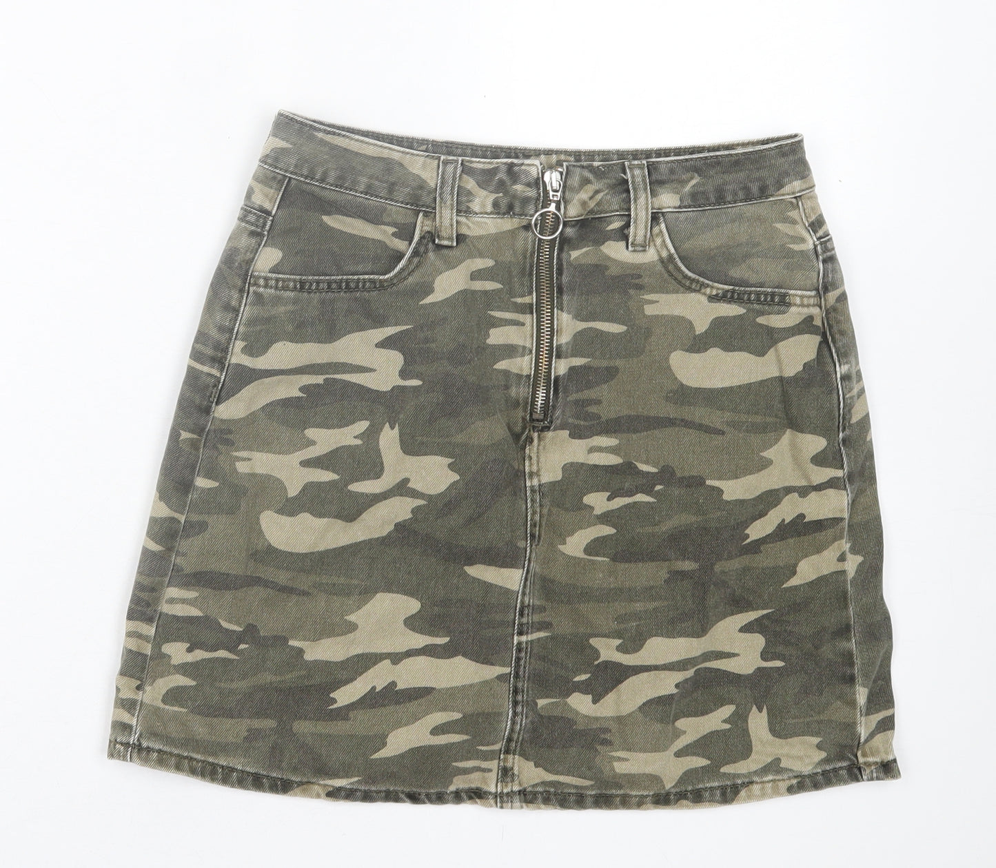 Denim & Co. Womens Green Camouflage Cotton A-Line Skirt Size 8 Zip