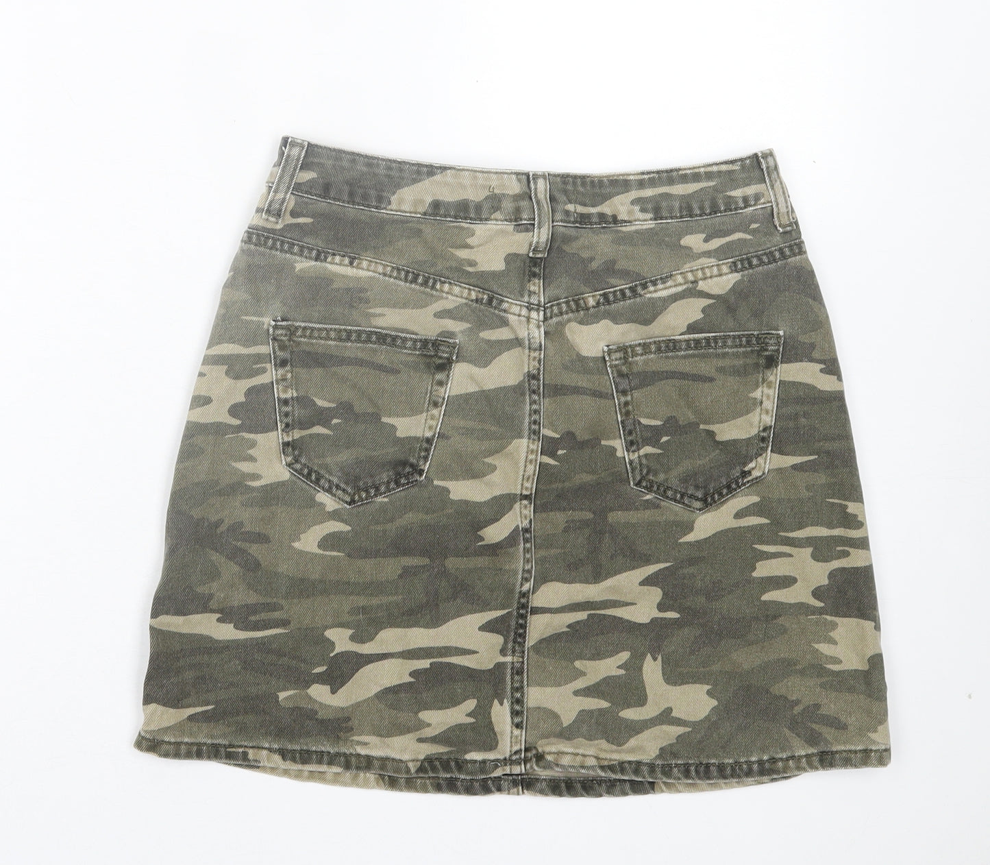Denim & Co. Womens Green Camouflage Cotton A-Line Skirt Size 8 Zip
