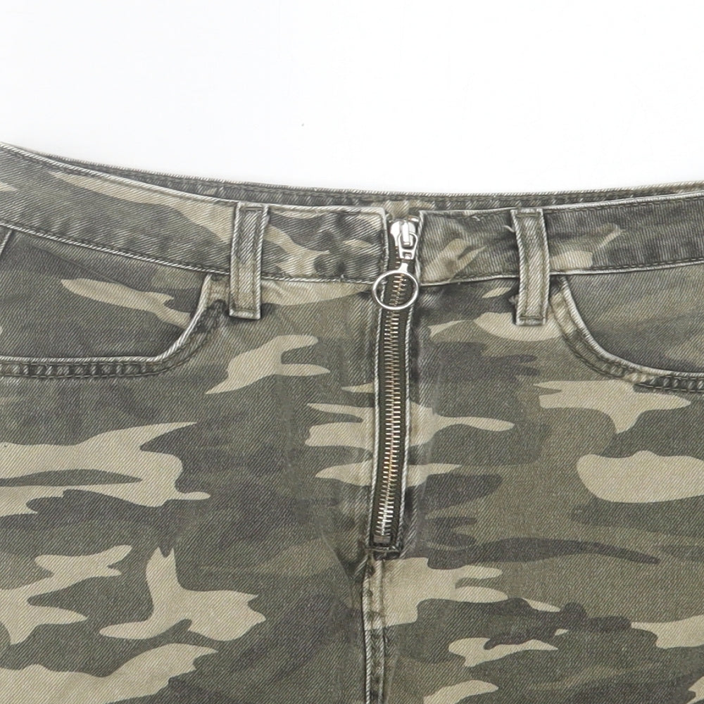Denim & Co. Womens Green Camouflage Cotton A-Line Skirt Size 8 Zip