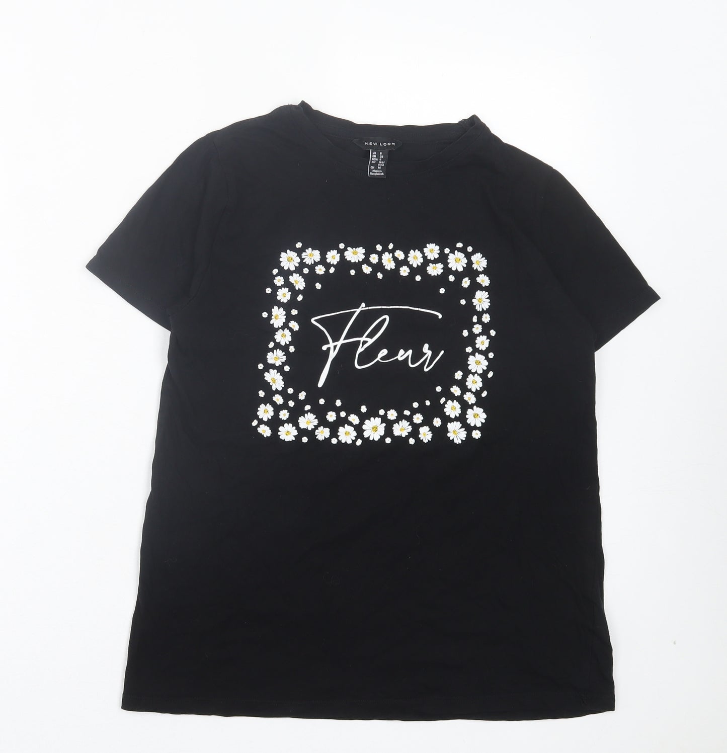 New Look Womens Black Floral Cotton Basic T-Shirt Size 8 Crew Neck - Fleur