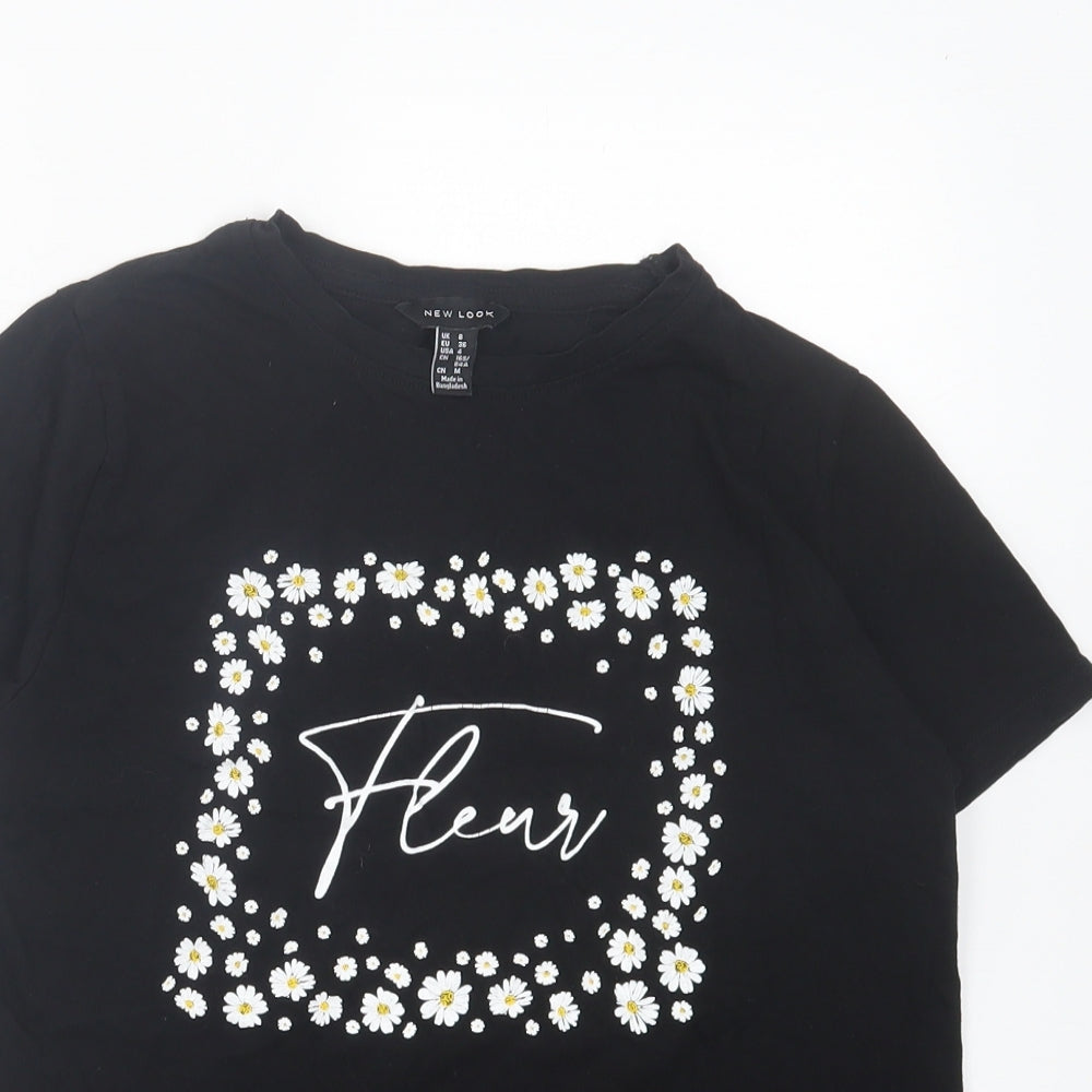 New Look Womens Black Floral Cotton Basic T-Shirt Size 8 Crew Neck - Fleur