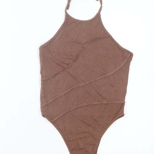 SheIn Womens Brown Viscose Bodysuit One-Piece Size S Snap - Tie Neck