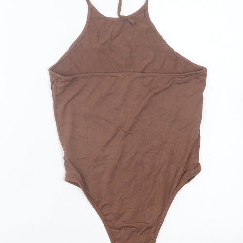 SheIn Womens Brown Viscose Bodysuit One-Piece Size S Snap - Tie Neck