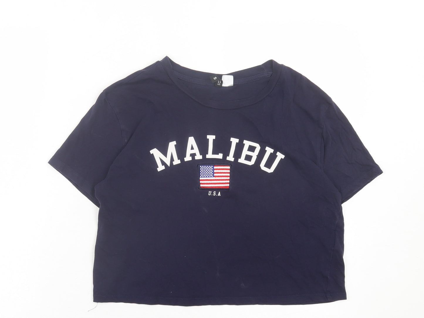 H&M Womens Blue Cotton Cropped T-Shirt Size S Crew Neck - Malibu