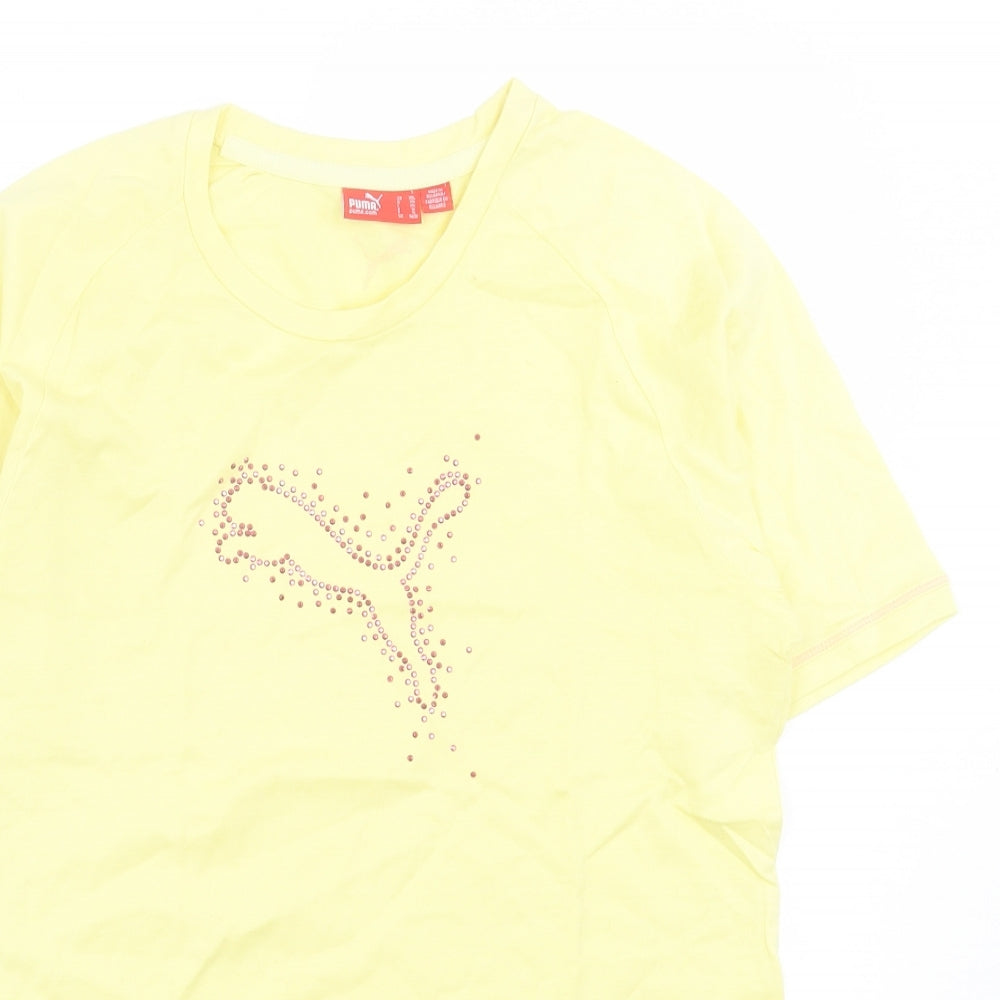 PUMA Womens Yellow Cotton Basic T-Shirt Size S Crew Neck