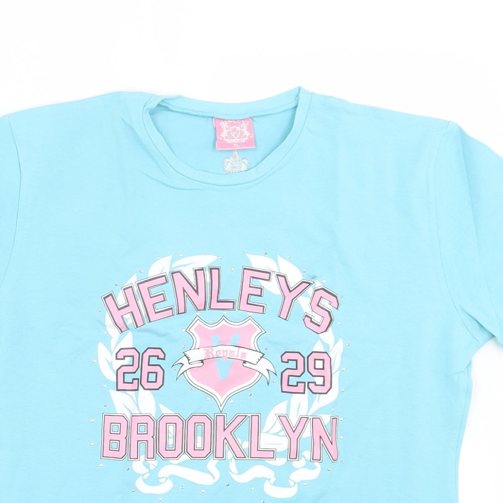 Henley Womens Blue Cotton Basic T-Shirt Size XL Crew Neck - Brooklyn