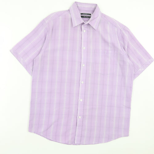 Dunnes Stores Mens Purple Plaid Polyester Button-Up Size M Collared Button - Pocket Detail