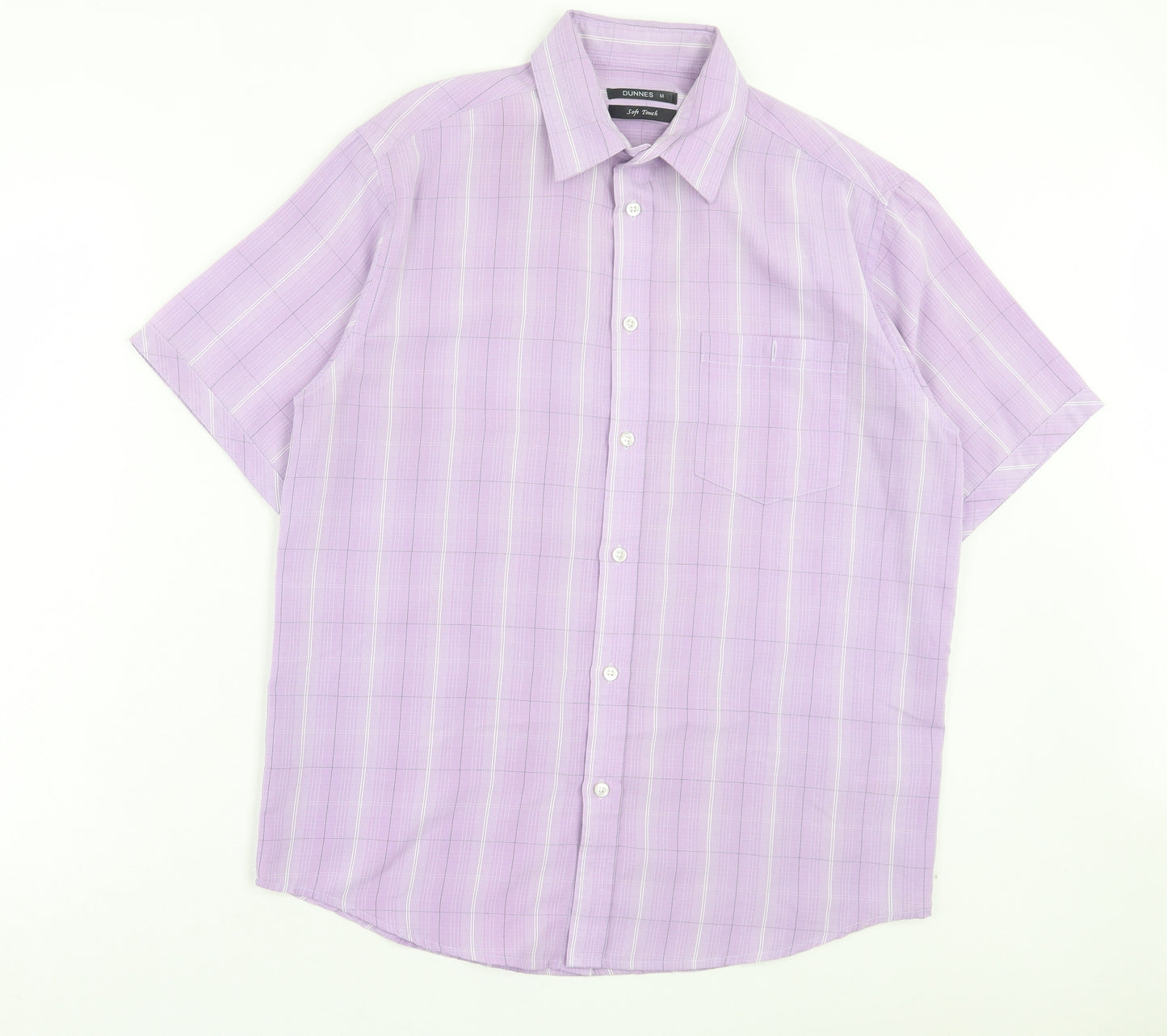 Dunnes Stores Mens Purple Plaid Polyester Button-Up Size M Collared Button - Pocket Detail