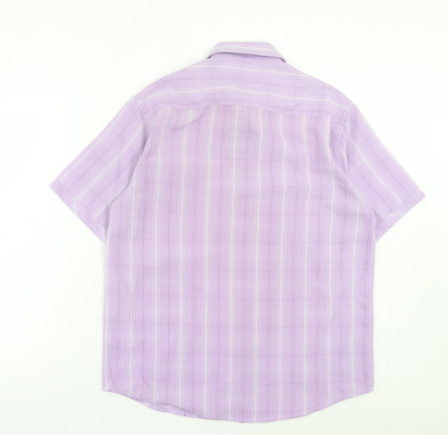 Dunnes Stores Mens Purple Plaid Polyester Button-Up Size M Collared Button - Pocket Detail