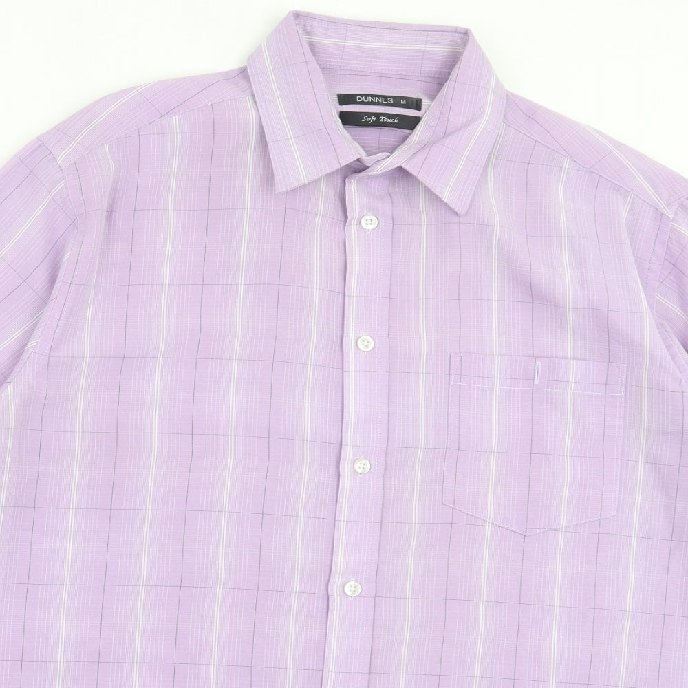 Dunnes Stores Mens Purple Plaid Polyester Button-Up Size M Collared Button - Pocket Detail