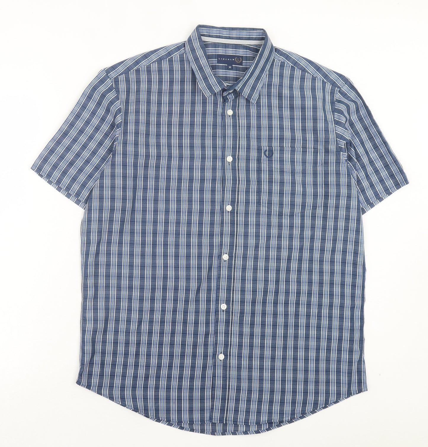 Lincoln Mens Blue Striped Polyester Button-Up Size M Collared Button - Pocket Detail