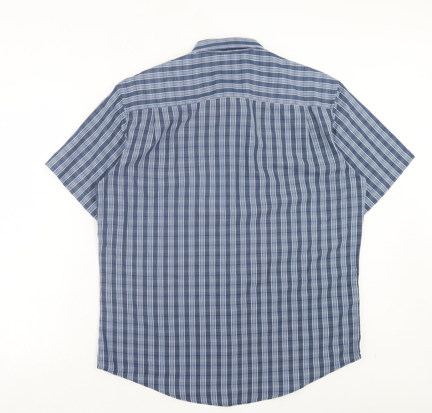 Lincoln Mens Blue Striped Polyester Button-Up Size M Collared Button - Pocket Detail