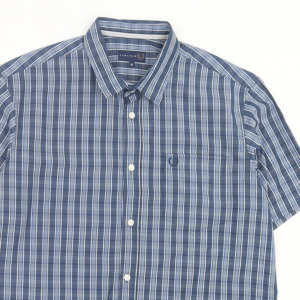 Lincoln Mens Blue Striped Polyester Button-Up Size M Collared Button - Pocket Detail