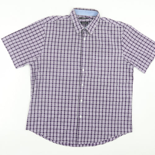 Dunnes Stores Mens Purple Plaid Cotton Button-Up Size L Collared Button - Pocket Detail
