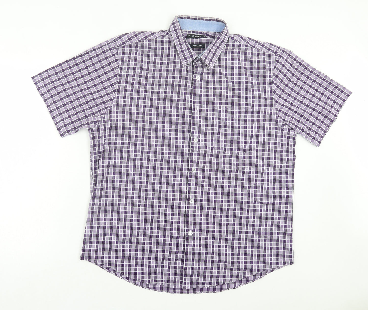 Dunnes Stores Mens Purple Plaid Cotton Button-Up Size L Collared Button - Pocket Detail
