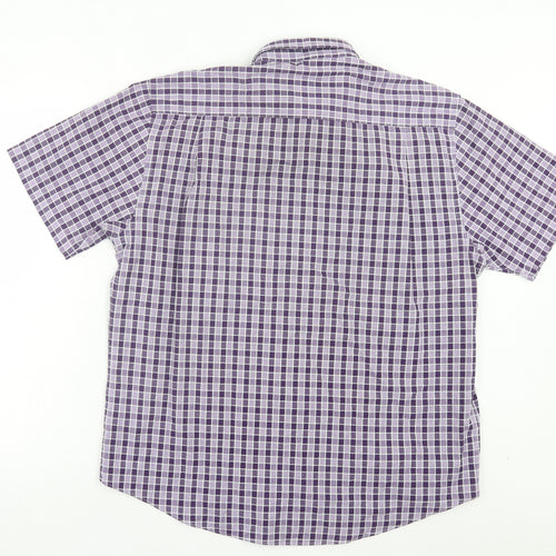 Dunnes Stores Mens Purple Plaid Cotton Button-Up Size L Collared Button - Pocket Detail