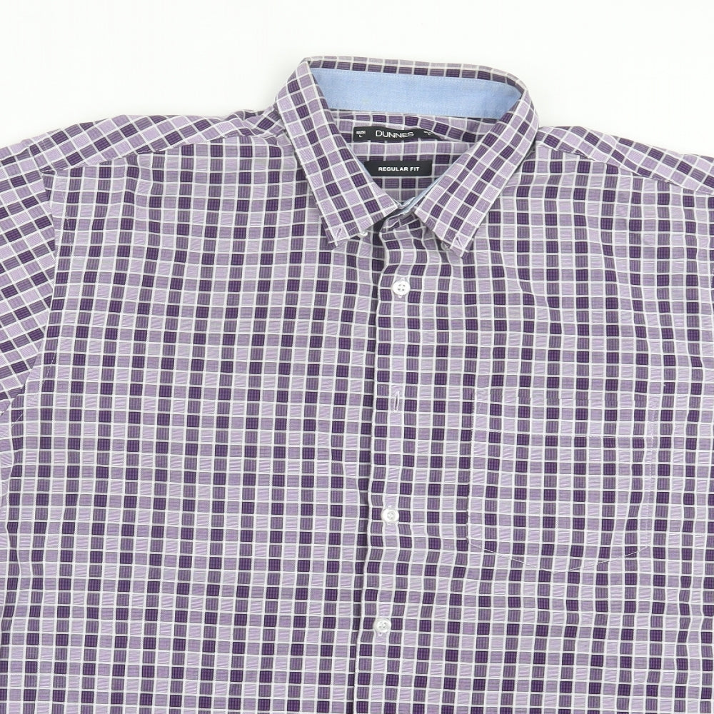 Dunnes Stores Mens Purple Plaid Cotton Button-Up Size L Collared Button - Pocket Detail