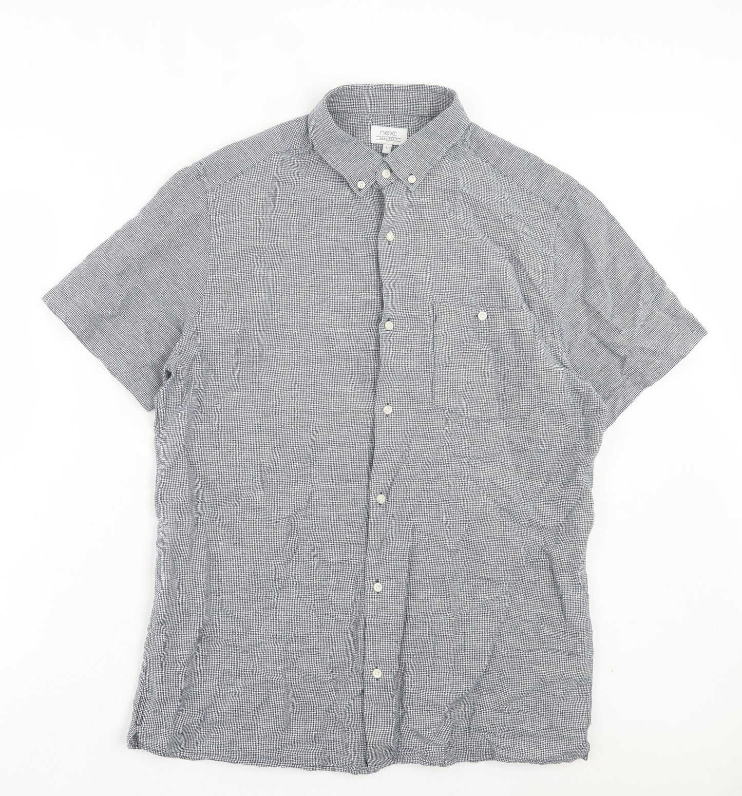 NEXT Mens Black Plaid Linen Button-Up Size L Collared Button - Pocket Detail