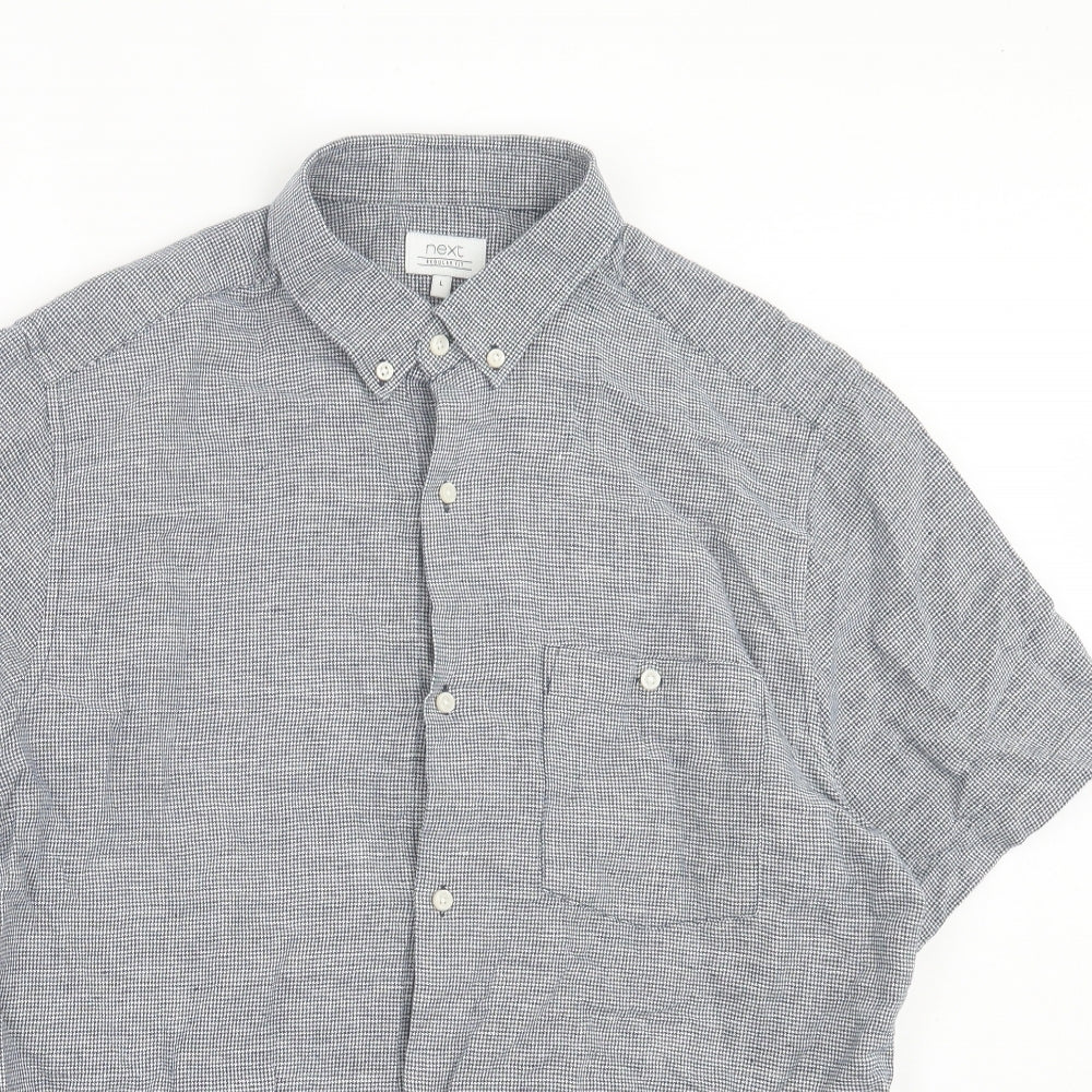 NEXT Mens Black Plaid Linen Button-Up Size L Collared Button - Pocket Detail
