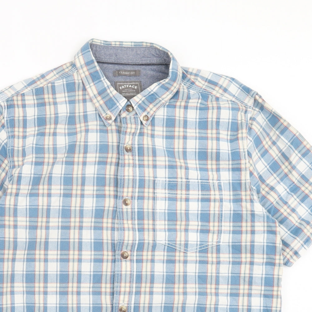 Fat Face Mens Blue Plaid Cotton Button-Up Size L Collared Button