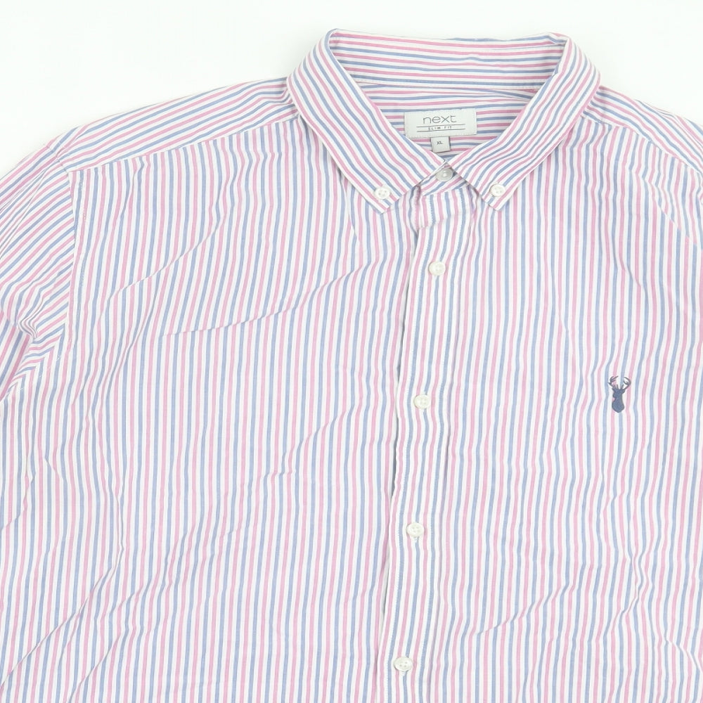 NEXT Mens Pink Striped Cotton Button-Up Size XL Collared Button