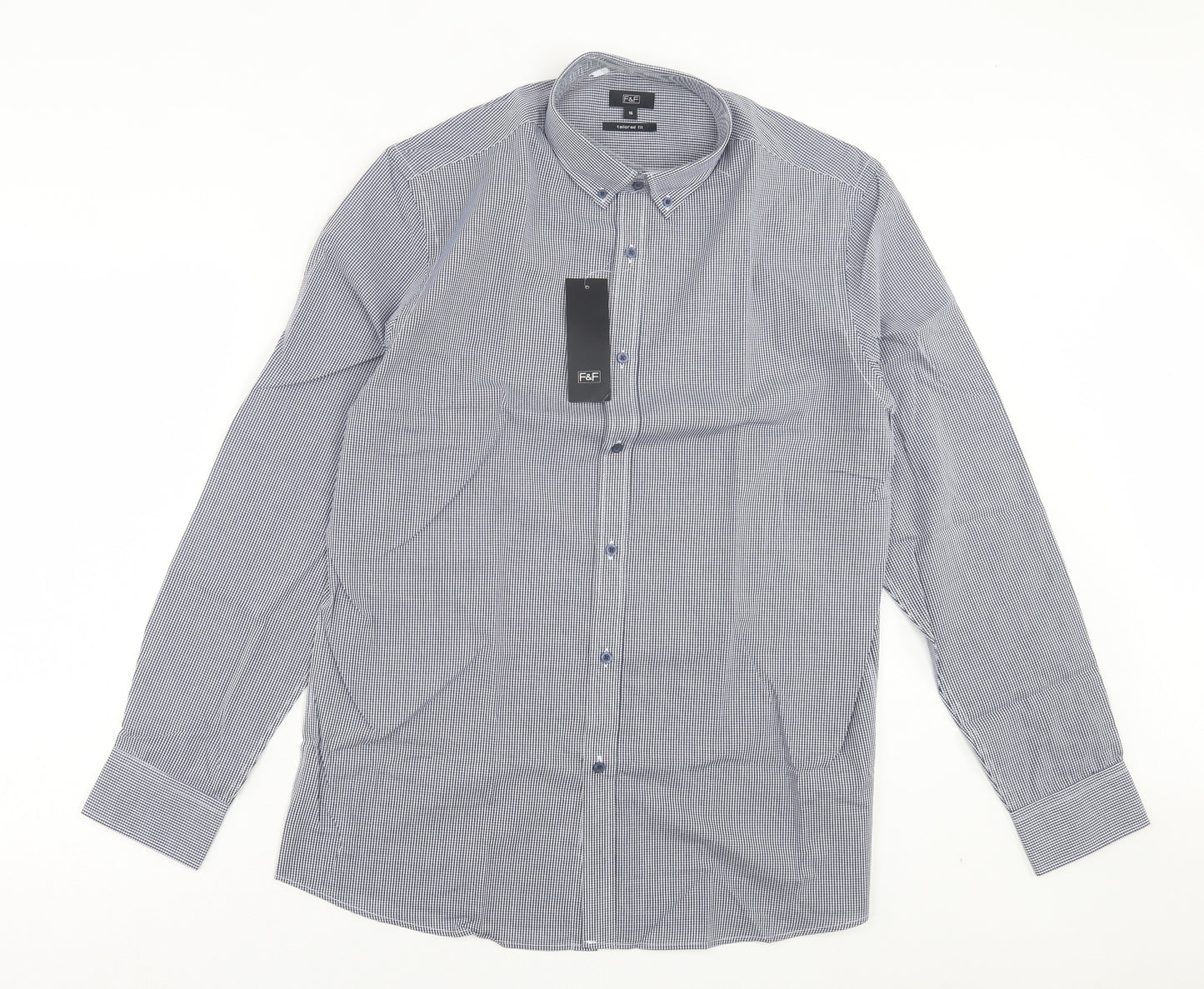 F&F Mens Blue Plaid Polyester Button-Up Size 16 Collared Button - Tailored Fit