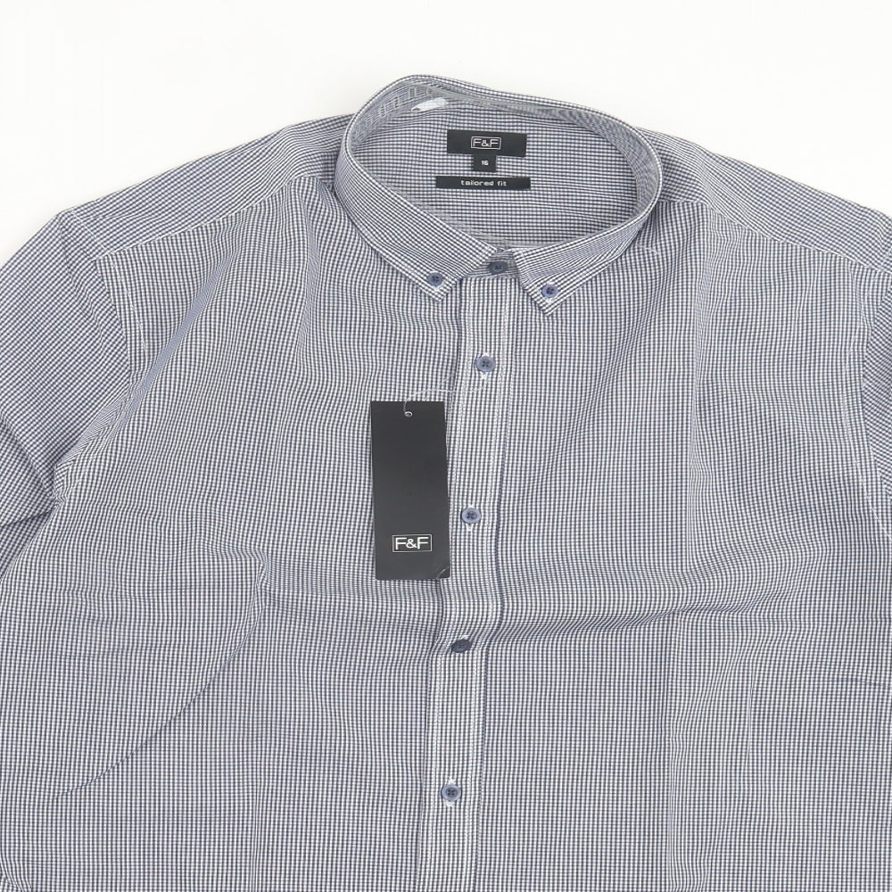 F&F Mens Blue Plaid Polyester Button-Up Size 16 Collared Button - Tailored Fit