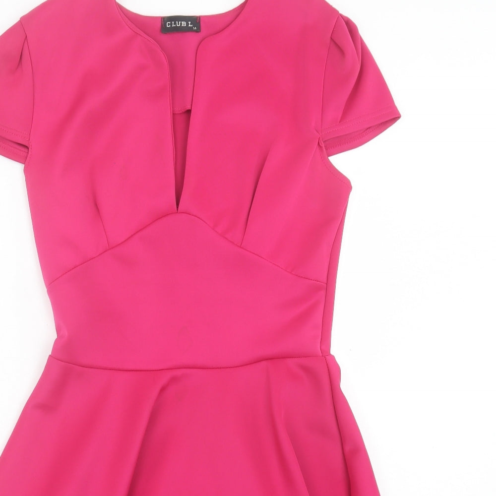 Club L Womens Pink Polyester Fit & Flare Size 14 V-Neck Pullover