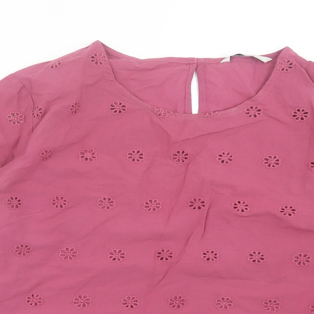 George Womens Pink Floral Cotton Basic Blouse Size 14 Crew Neck