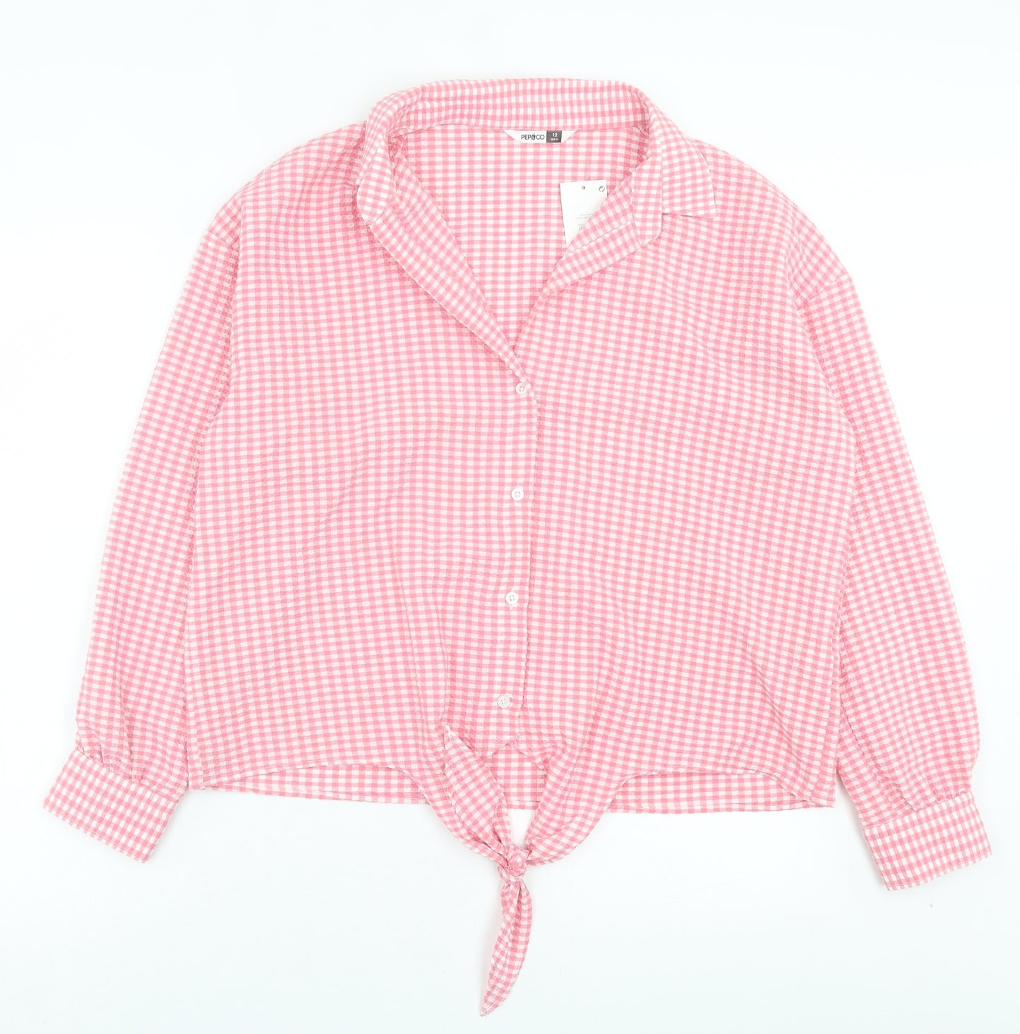 Pep&co Womens Pink Plaid Cotton Basic Button-Up Size 12 Collared