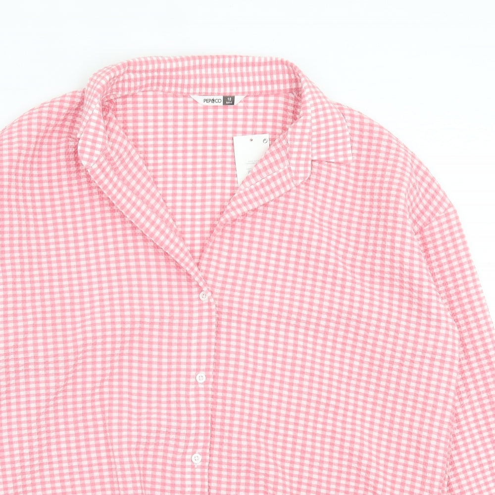 Pep&co Womens Pink Plaid Cotton Basic Button-Up Size 12 Collared