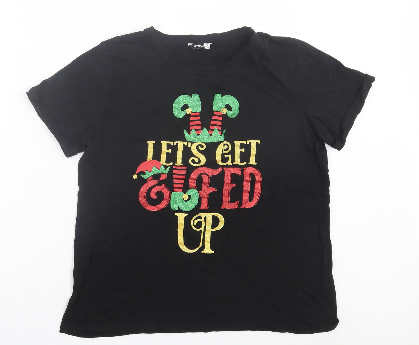 Pep&co Womens Black Cotton Basic T-Shirt Size 16 Crew Neck - Christmas