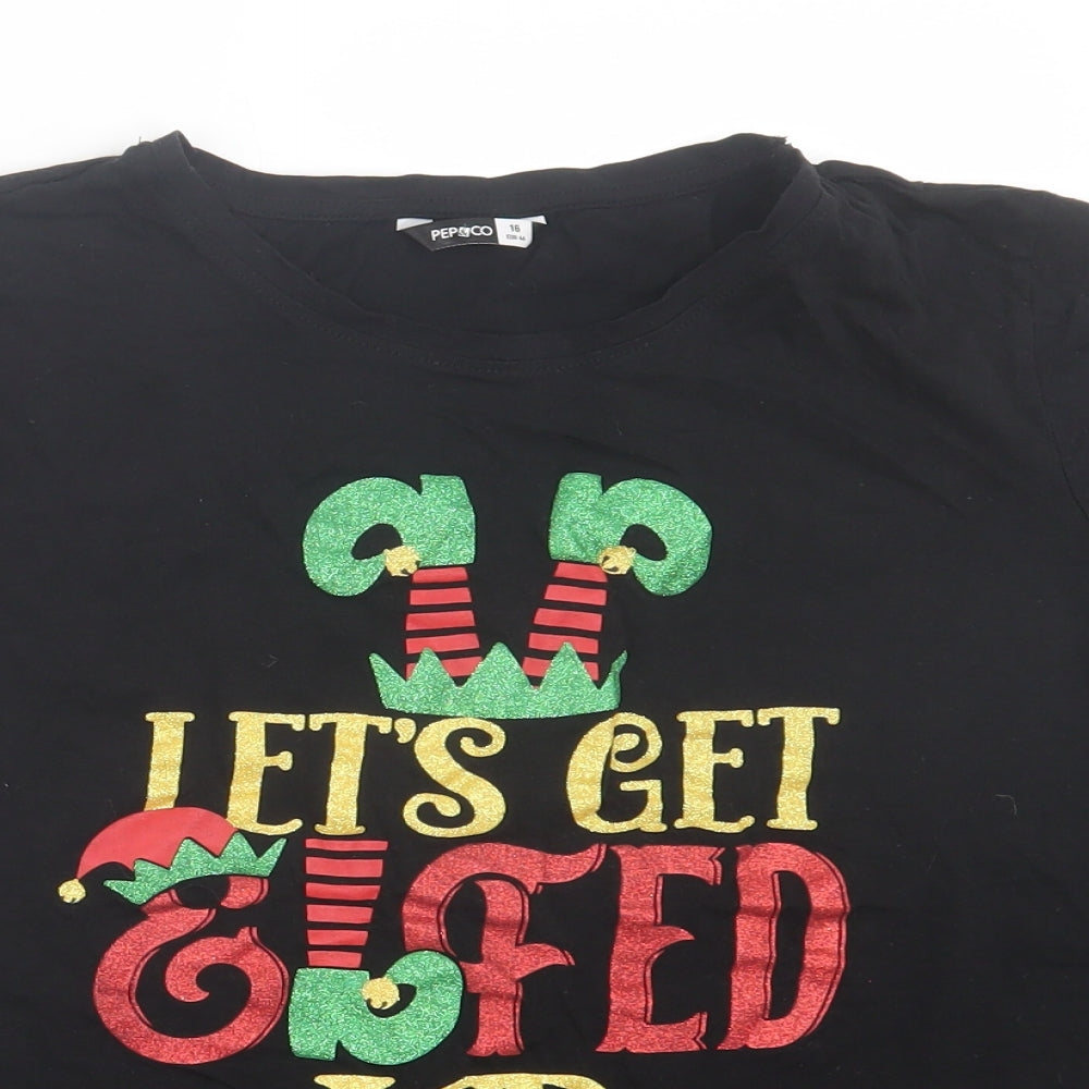Pep&co Womens Black Cotton Basic T-Shirt Size 16 Crew Neck - Christmas