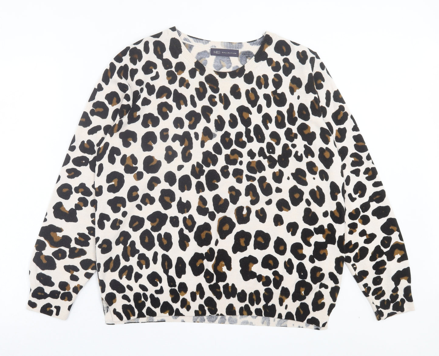 Marks and Spencer Womens Beige Crew Neck Animal Print Acrylic Pullover Jumper Size 18 - Leopard Print