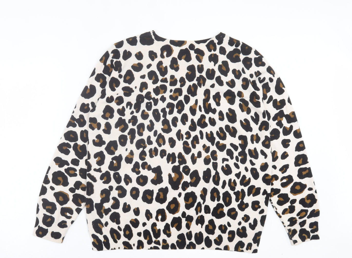 Marks and Spencer Womens Beige Crew Neck Animal Print Acrylic Pullover Jumper Size 18 - Leopard Print