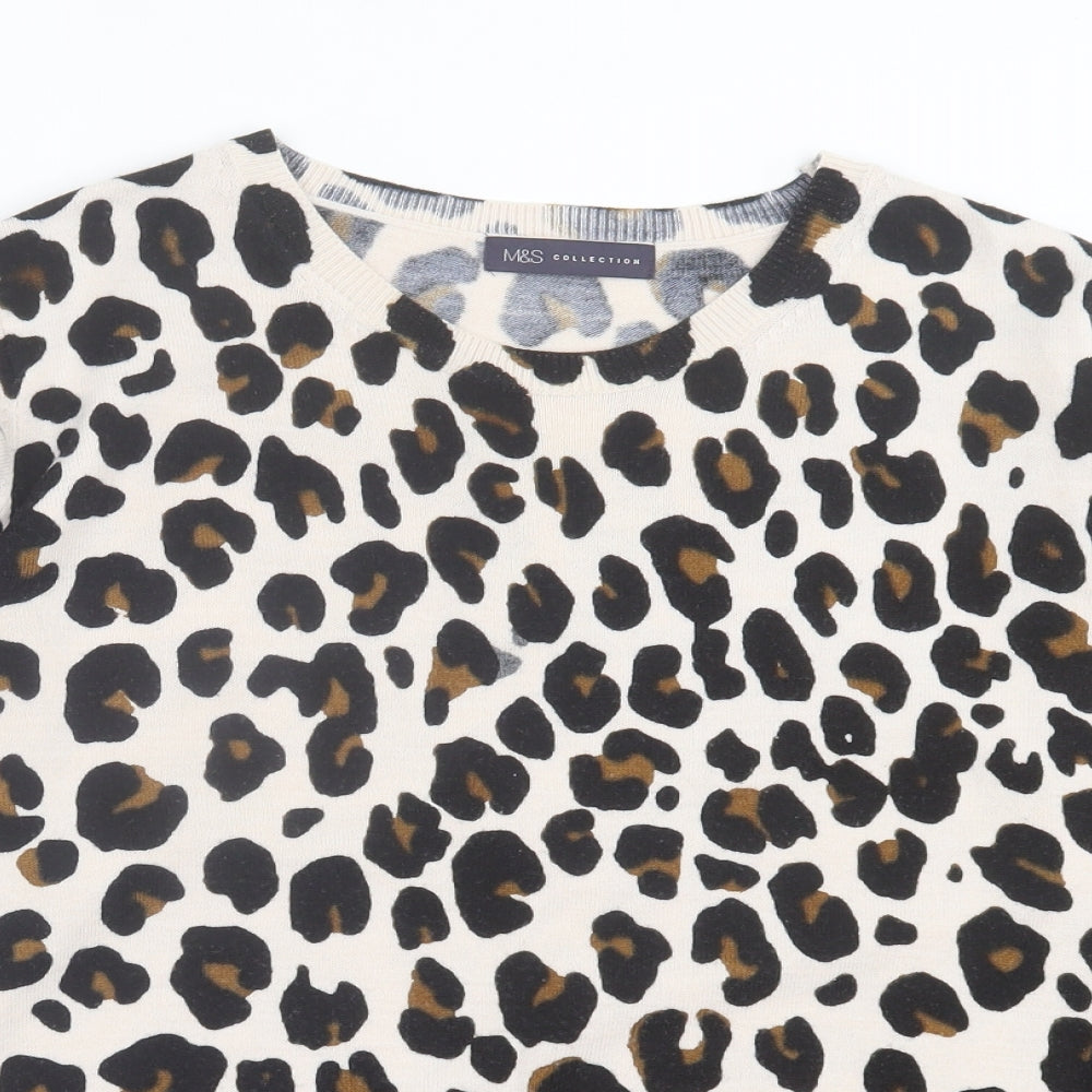 Marks and Spencer Womens Beige Crew Neck Animal Print Acrylic Pullover Jumper Size 18 - Leopard Print